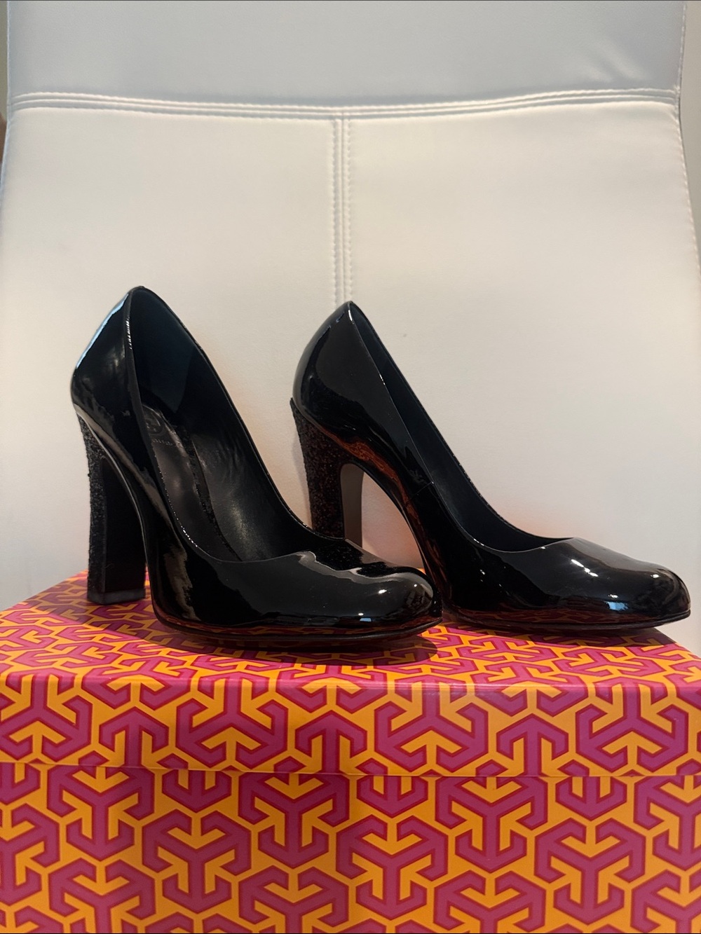 Tory Burch Black Patent Block Heel Pumps
